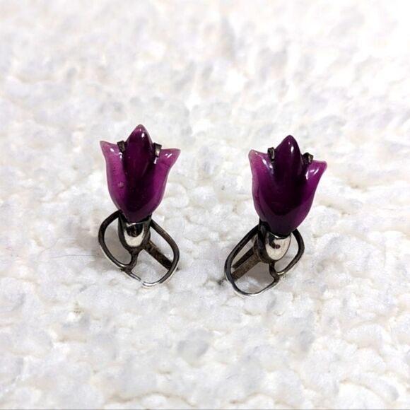 Vintage 40's /50's Sterling Silver & Purple Lucite Tulip Screw Back Earrings - Picture 8 of 11